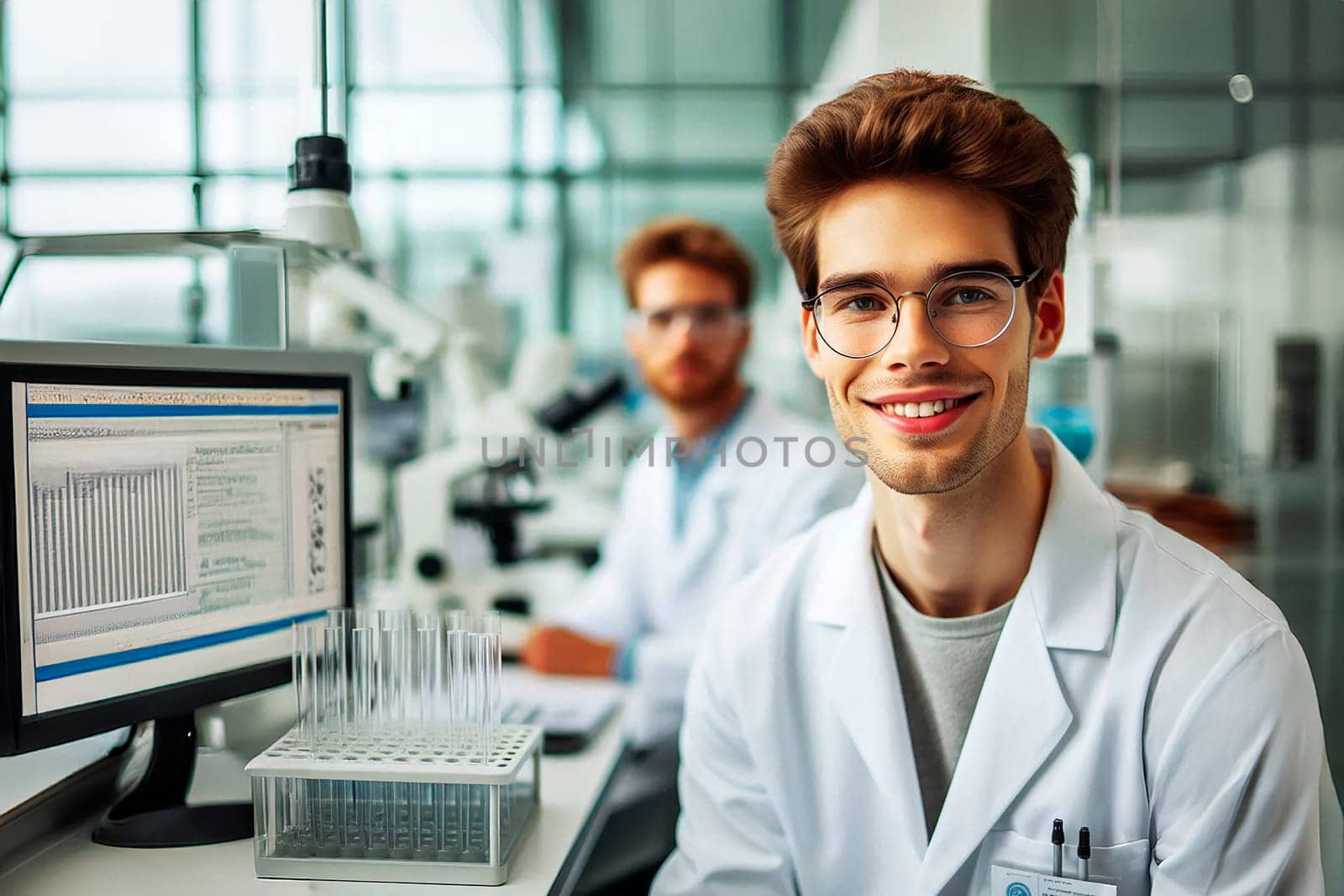 Young man scientist in a modern chemical laboratory.