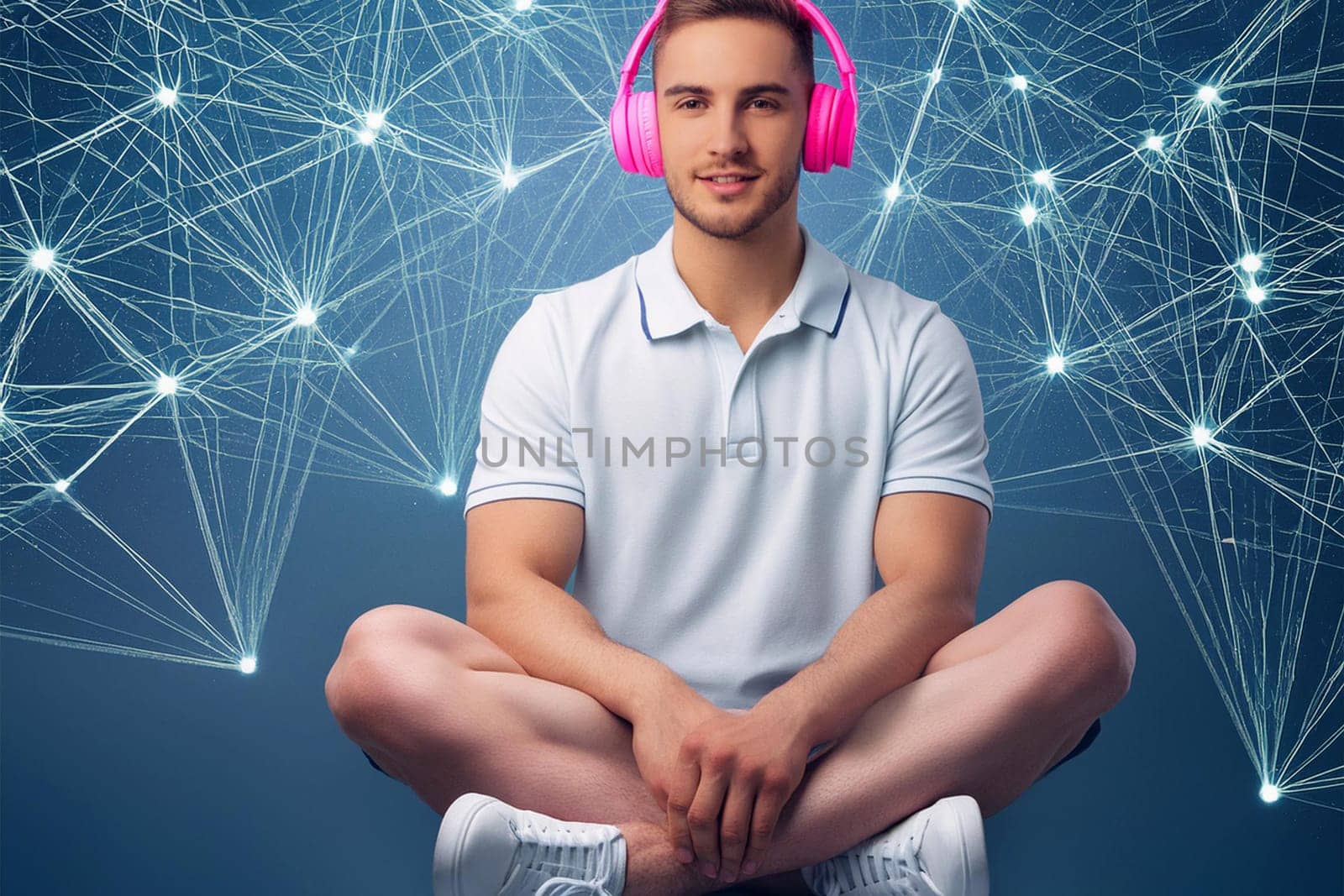 Young Man In Pink Headphones Sitting Surrounded By A Network Of Neurons, The Concept Of Using Big Data In Life.