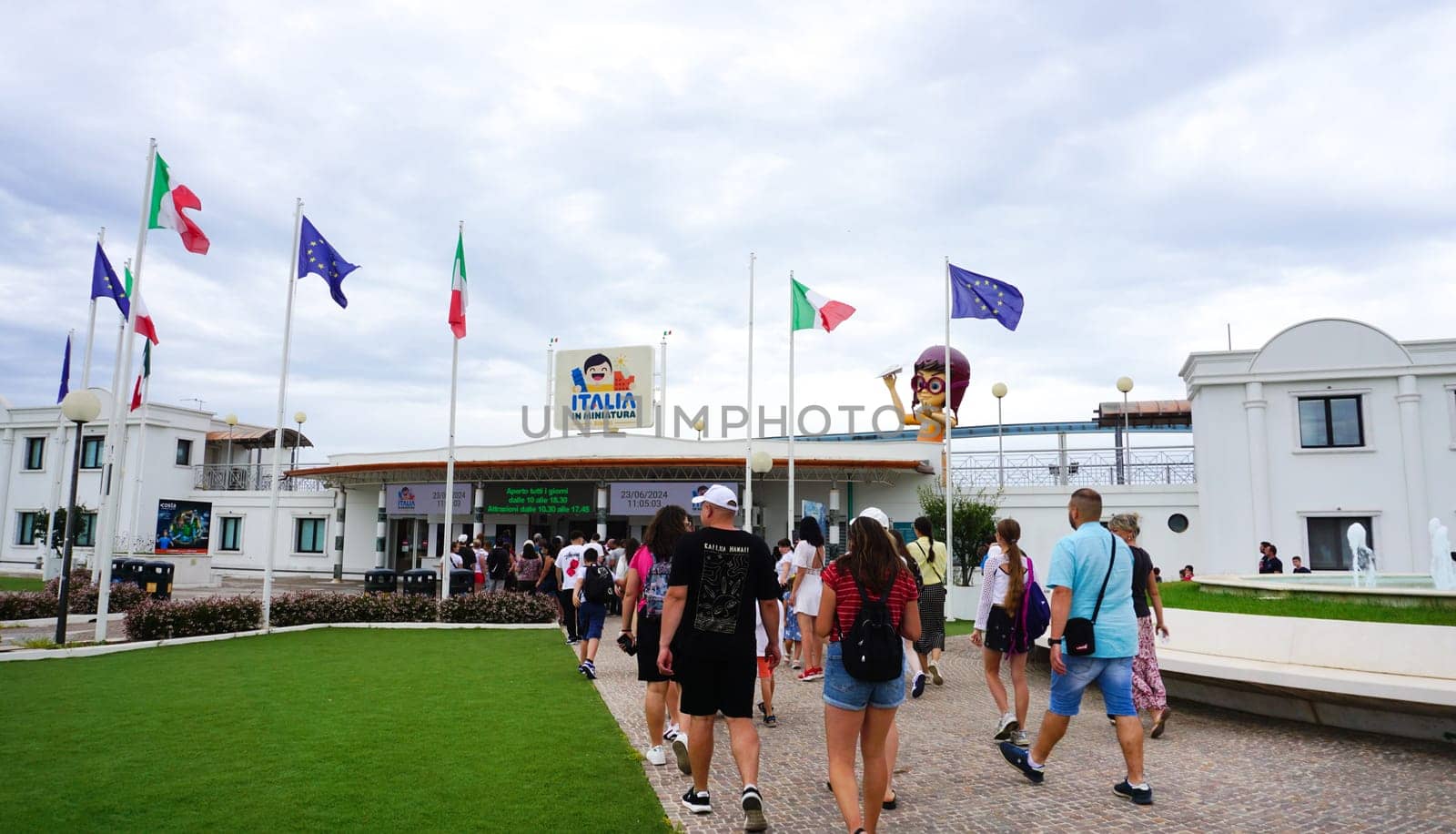 Viserba, Italy - June 25, 2024: People going at Theme park Italy in Miniature or Italia in Miniatura in Rimini, Italy - Reproduction of famous attractions in a small scale
