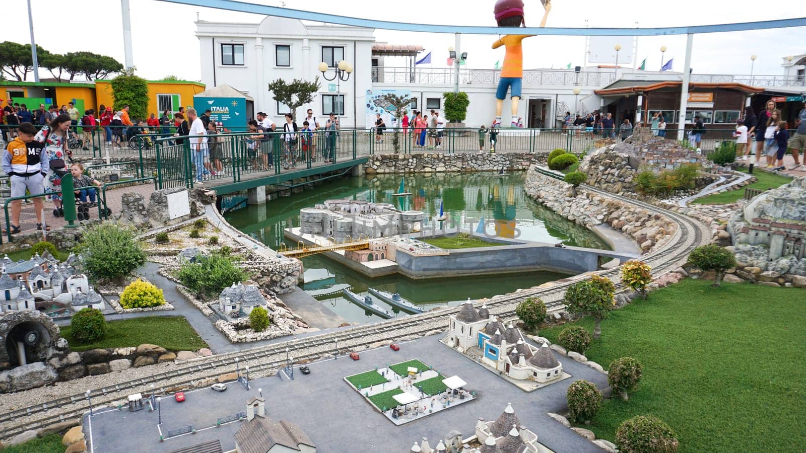 Viserba, Italy - June 25, 2024: People going at Theme park Italy in Miniature or Italia in Miniatura in Rimini, Italy - Reproduction of famous attractions in a small scale