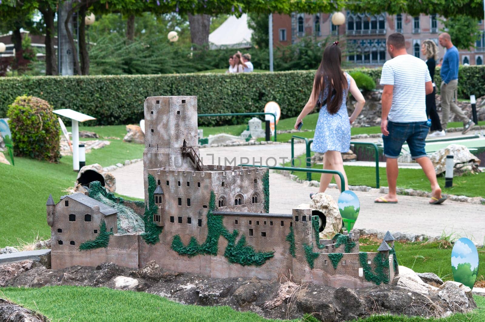 Viserba, Italy - June 25, 2024: People going at Theme park Italy in Miniature or Italia in Miniatura in Rimini, Italy - Reproduction of famous attractions in a small scale