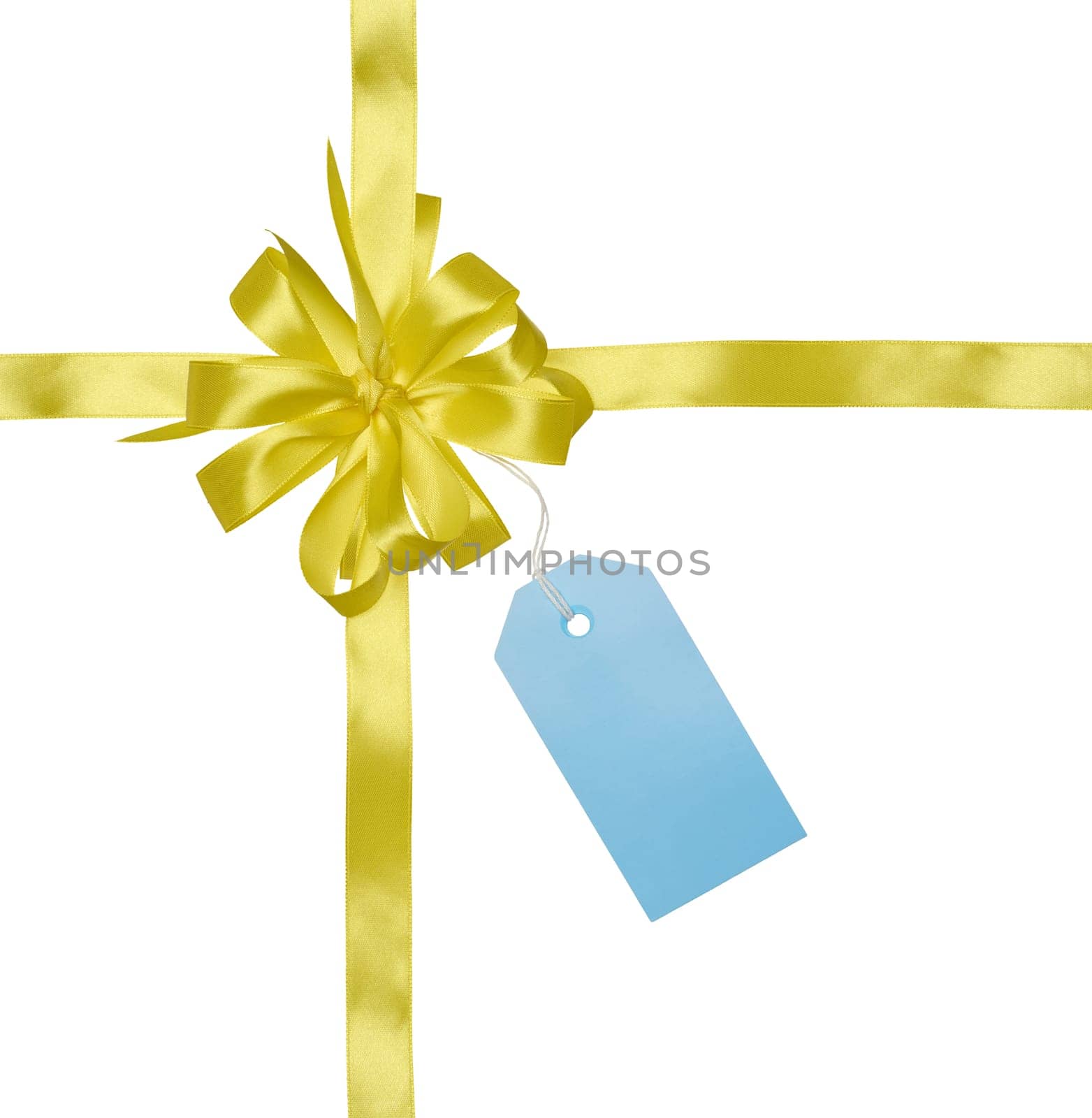 Yellow silk ribbon and bow, blue paper tag for congratulations. Isolated background