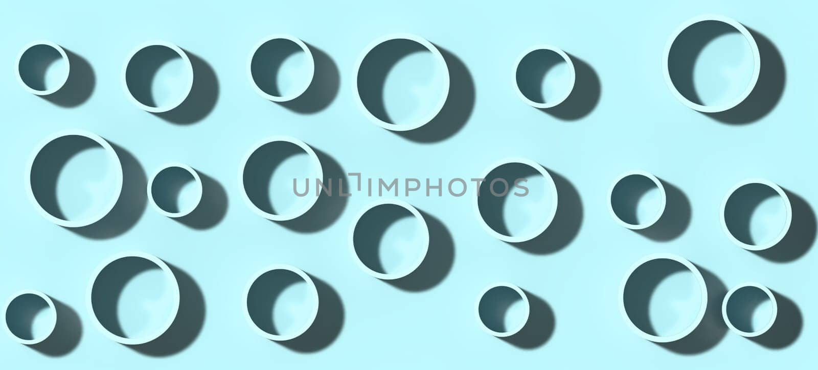 Blue circles of various sizes with shadow on a blue background, 3D rendering illustration