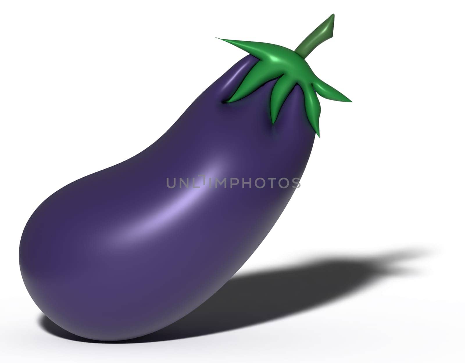 Eggplant with green tail with leaves on isolated background, 3D rendering illustration