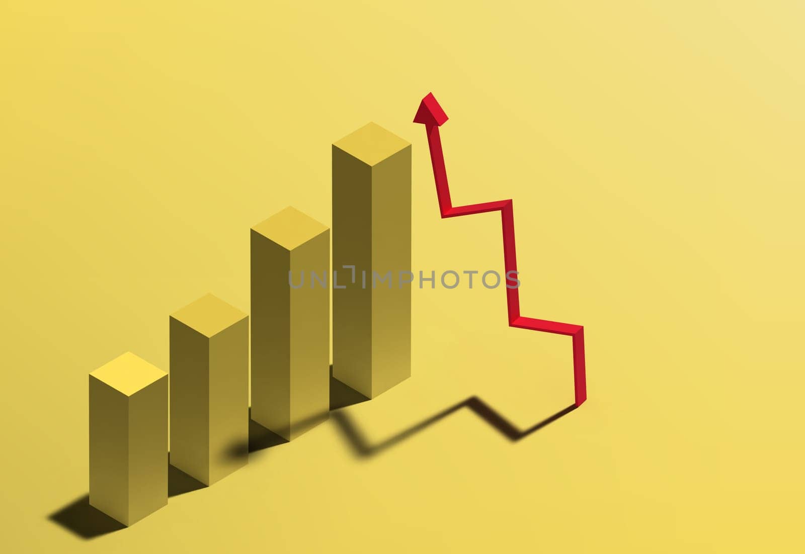 Columns of increasing graph with shadow on yellow background, 3D rendering illustration