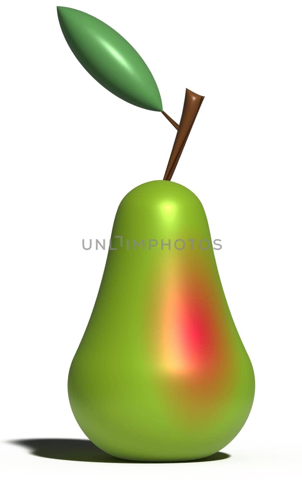 Ripe green pear with leaf on isolated background, 3D rendering illustration