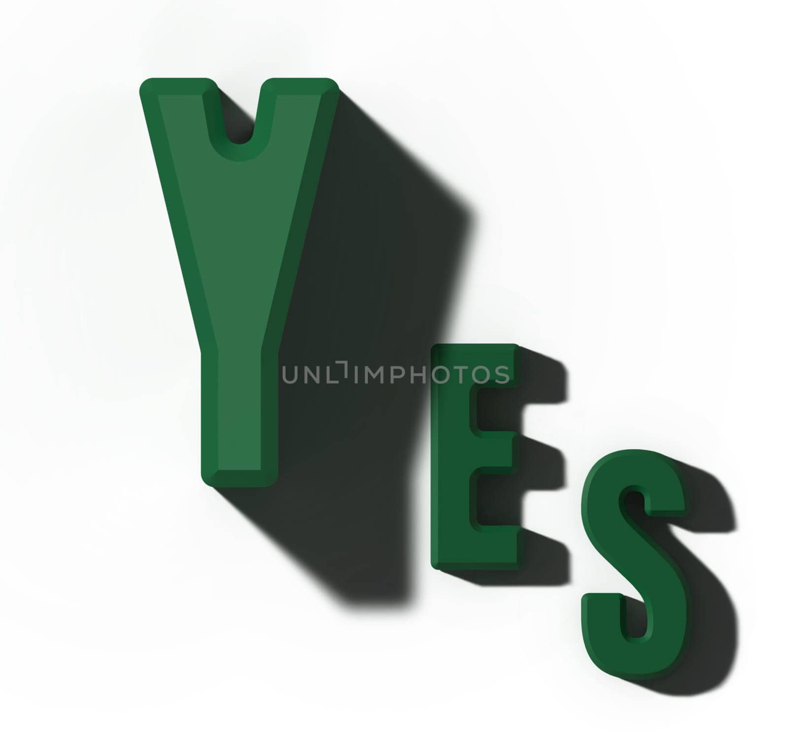 The word yes from green letters with shadow on isolated background, 3D rendering illustration