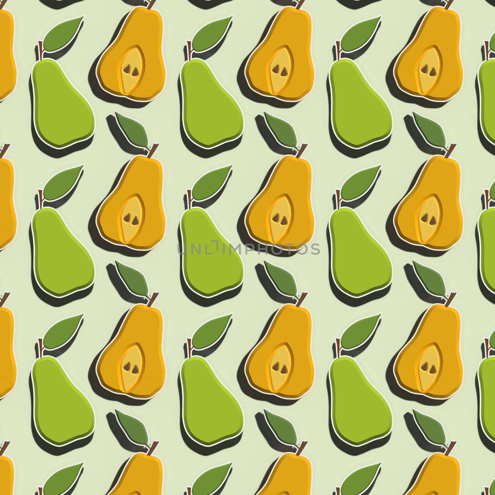 Seamless pattern of pears with shadow on a light green background, 3D rendering illustration