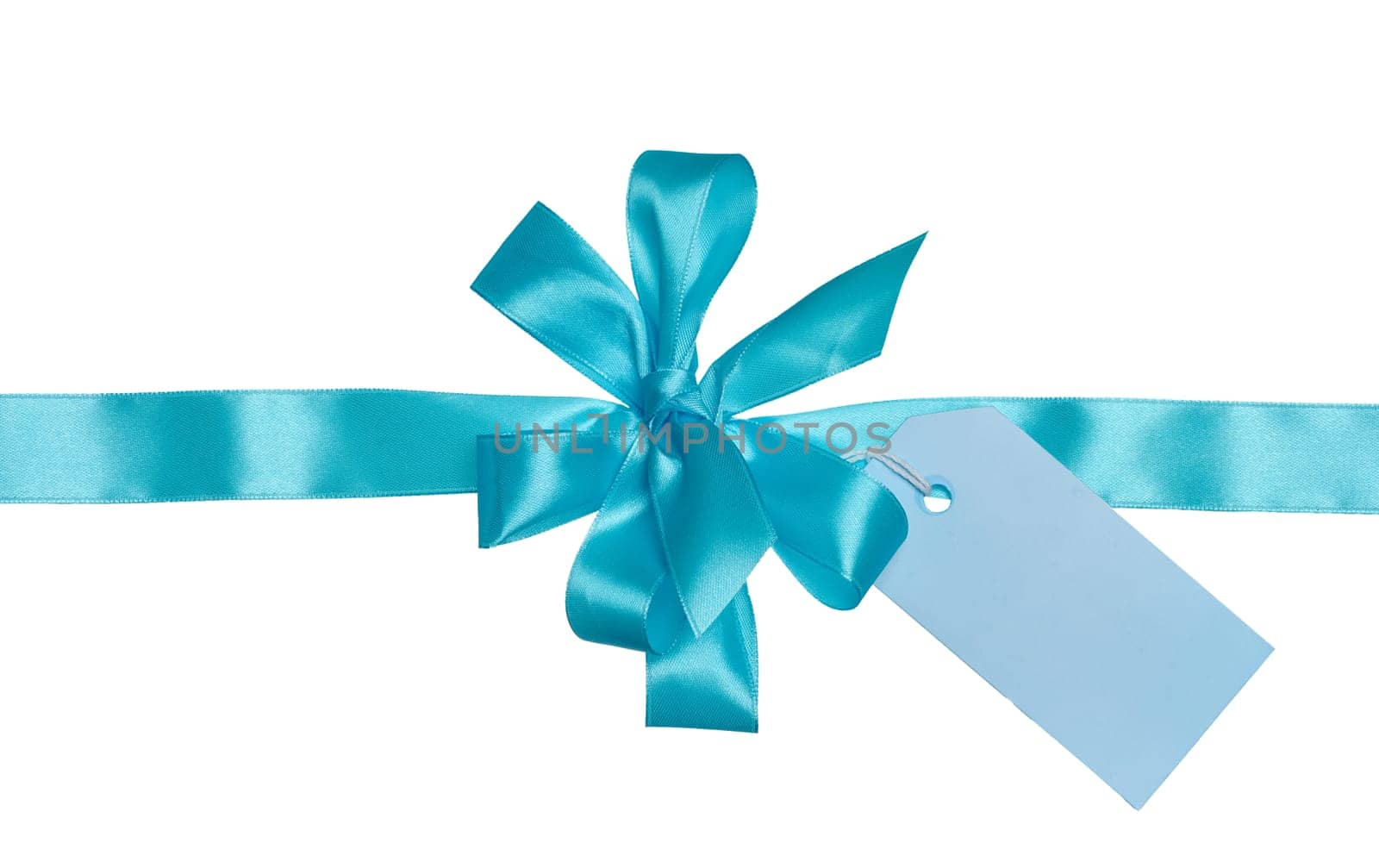 Blue silk ribbon and bow, blue paper tag for congratulations. Isolated background