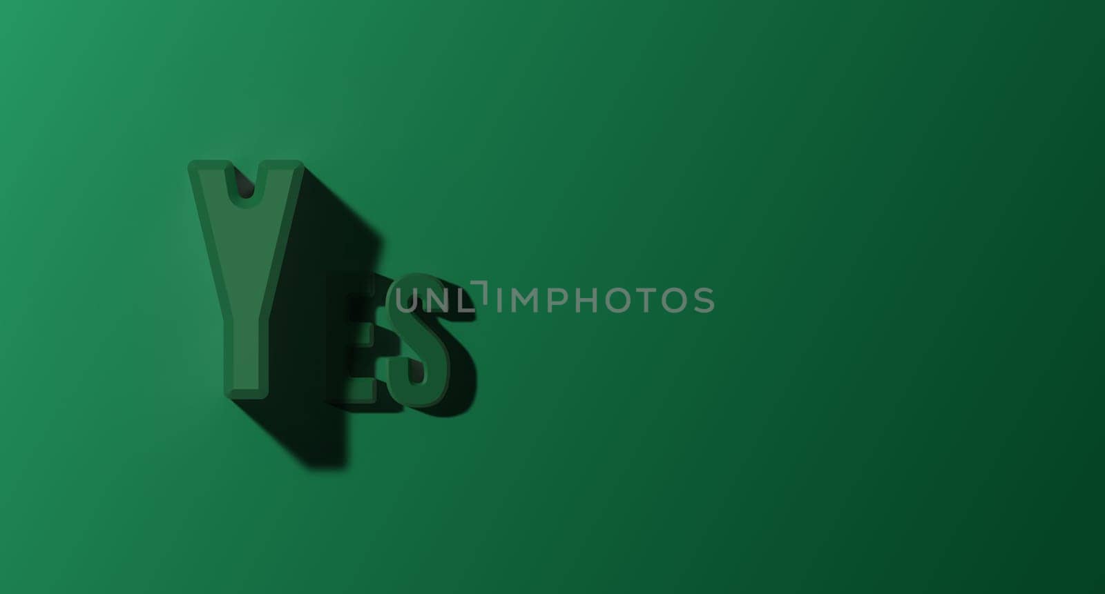The word yes made of green letters with a shadow on a green background, 3D rendering illustration
