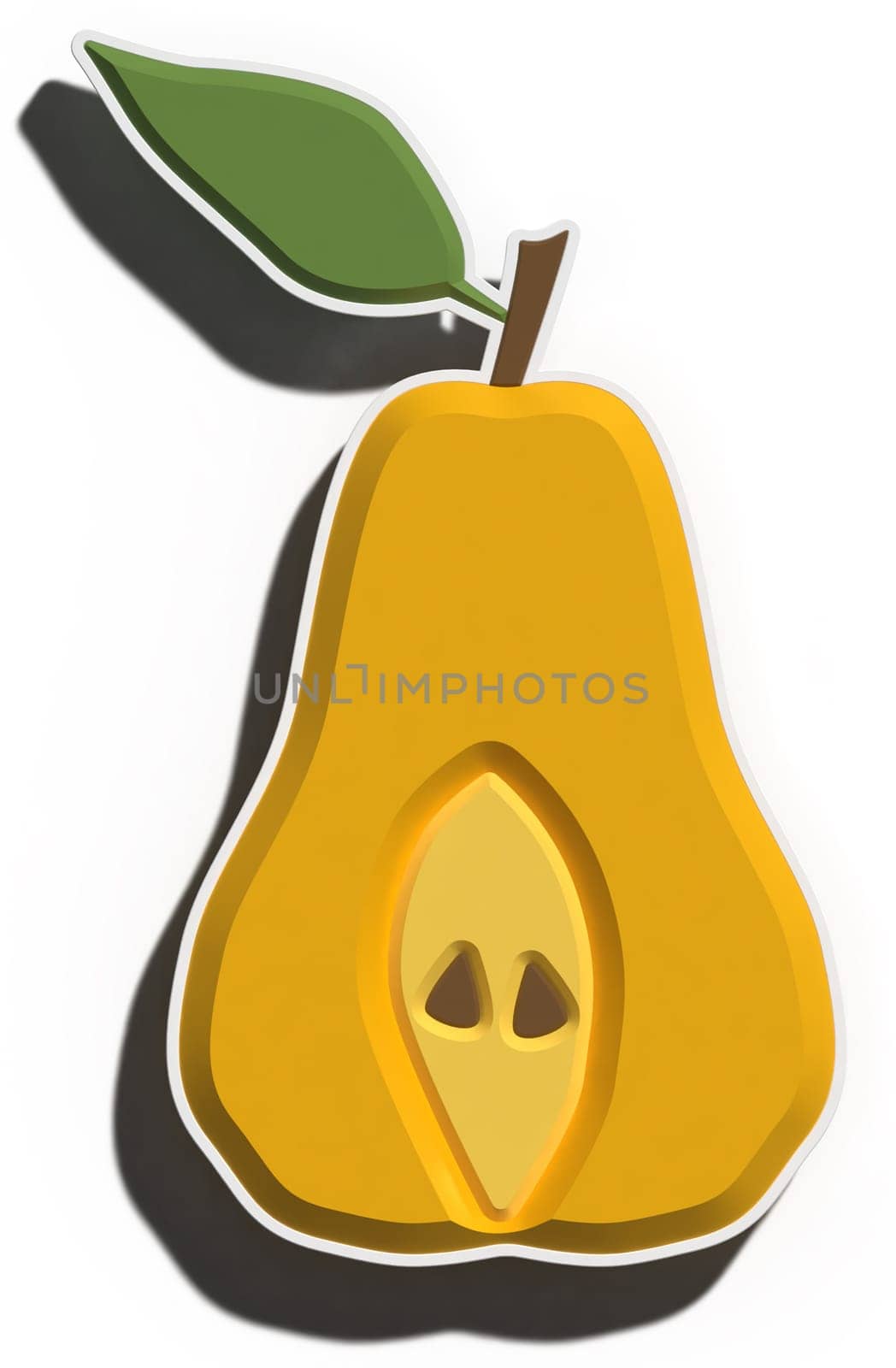 Half of a yellow pear on a stalk with a leaf on an isolated background. 3D rendering illustration