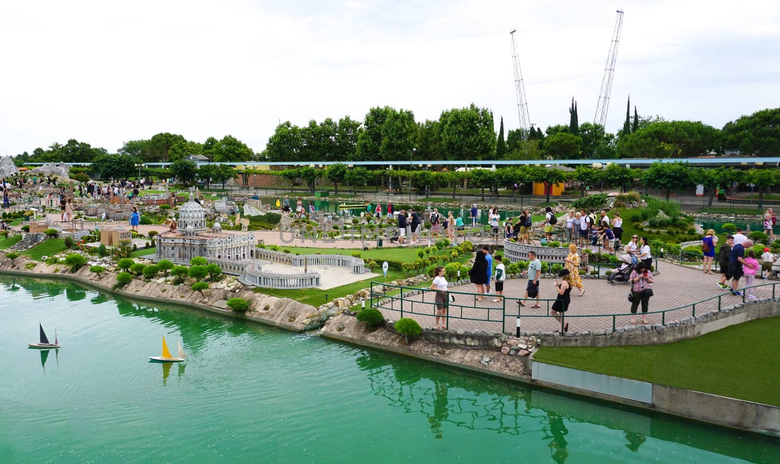 Viserba, Italy - June 25, 2024: People going at Theme park Italy in Miniature or Italia in Miniatura in Rimini, Italy - Reproduction of famous attractions in a small scale