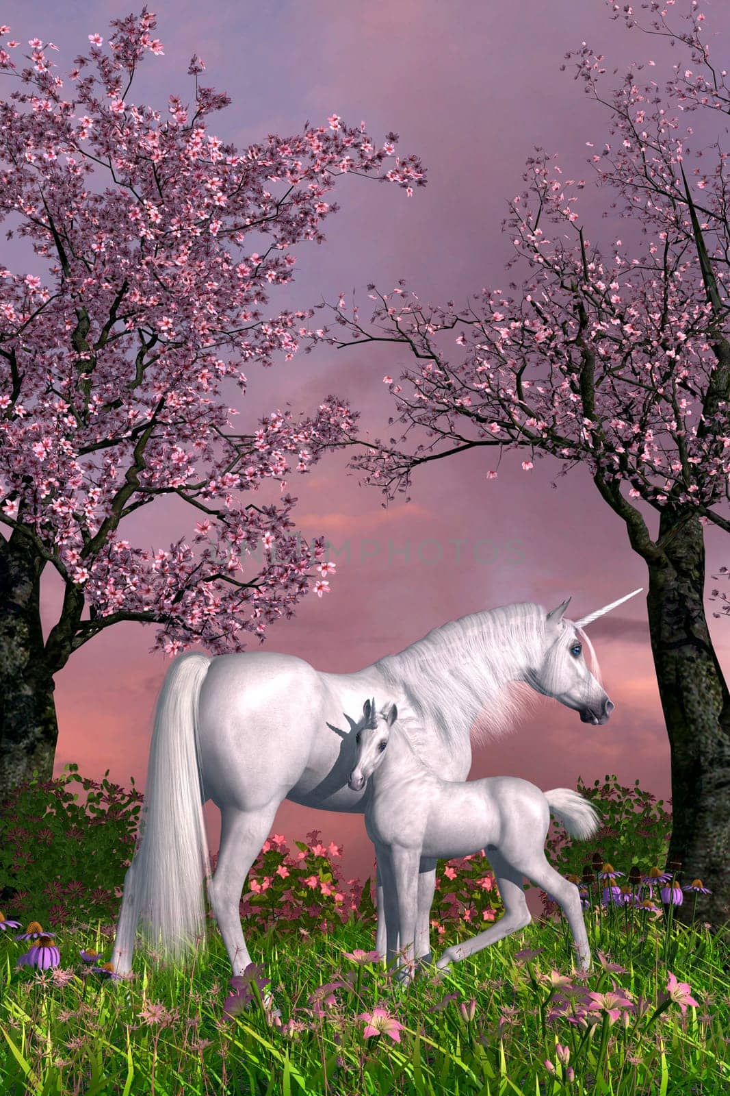 A white Unicorn foal finds comfort by his white Unicorn mother's side.