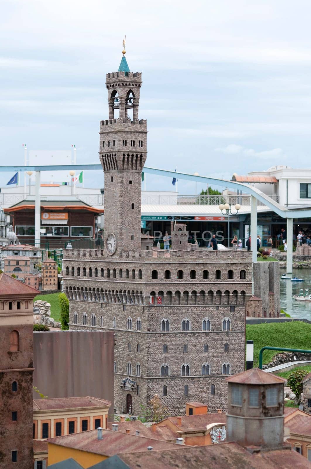 Viserba, Italy - June 25, 2024: The Palazzo Vecchio Florence at Theme park Italy in Miniature or Italia in Miniatura in Rimini, Italy