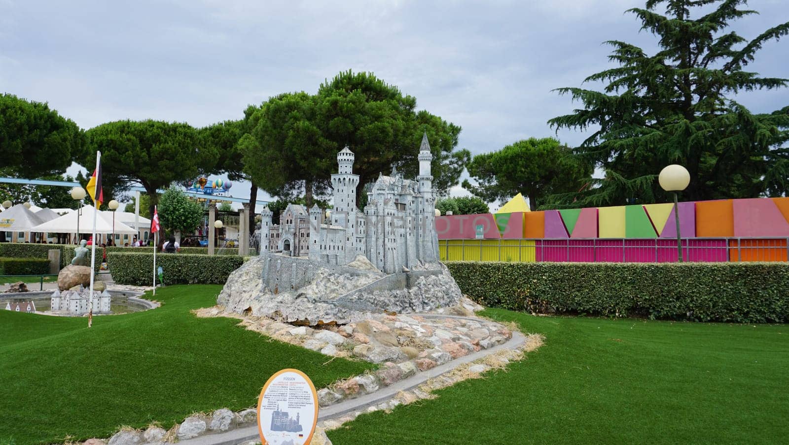 Viserba, Italy - June 25, 2024: Neuschwanstein castle at Theme park Italy in Miniature or Italia in Miniatura in Rimini, Italy - Reproduction of famous attractions in a small scale