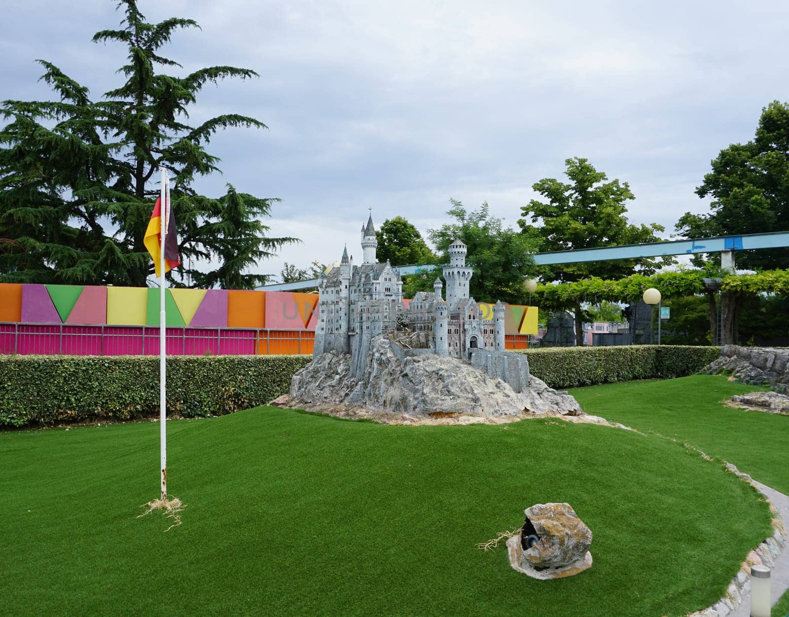 Viserba, Italy - June 25, 2024: Neuschwanstein castle at Theme park Italy in Miniature or Italia in Miniatura in Rimini, Italy - Reproduction of famous attractions in a small scale