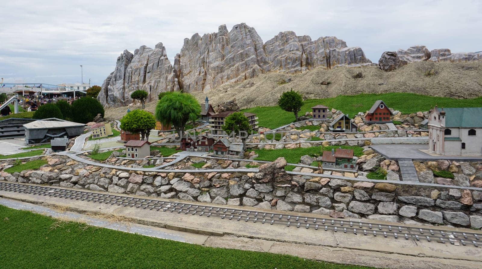 Viserba, Italy - June 25, 2024: Alps at Theme park Italy in Miniature or Italia in Miniatura in Rimini, Italy - Reproduction of famous attractions in a small scale