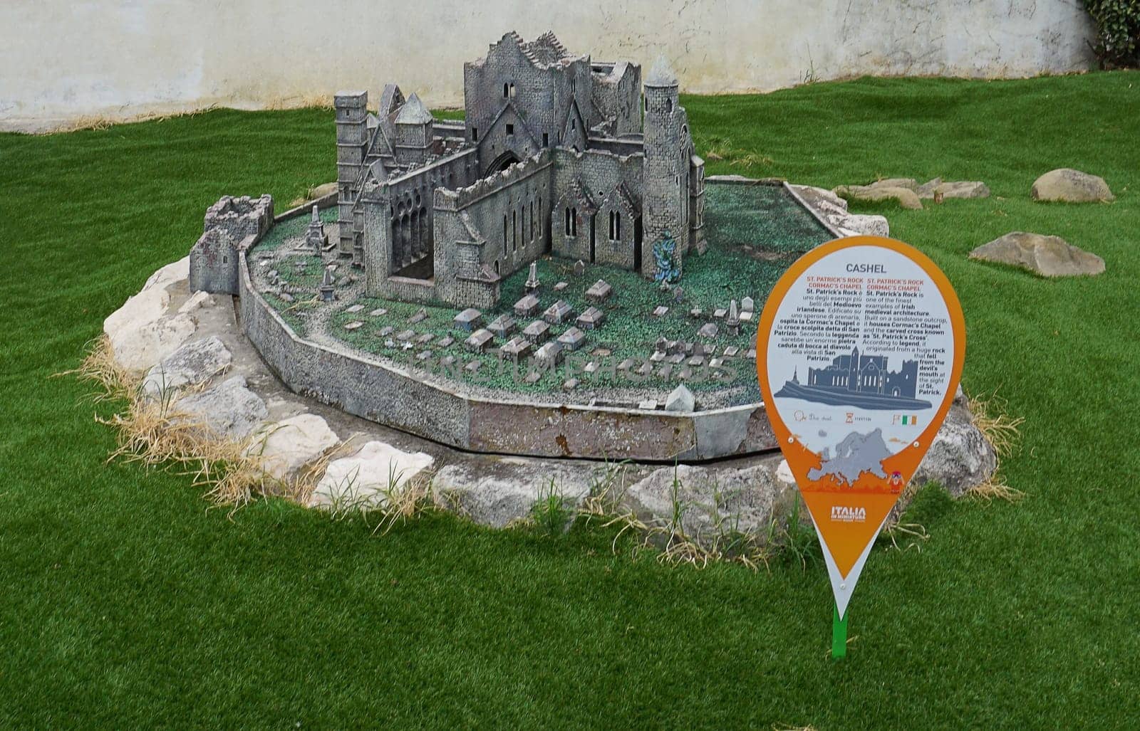 Viserba, Italy - June 25, 2024: The Rock of Cashel at Theme park Italy in Miniature or Italia in Miniatura in Rimini, Italy - Reproduction of famous attractions in a small scale