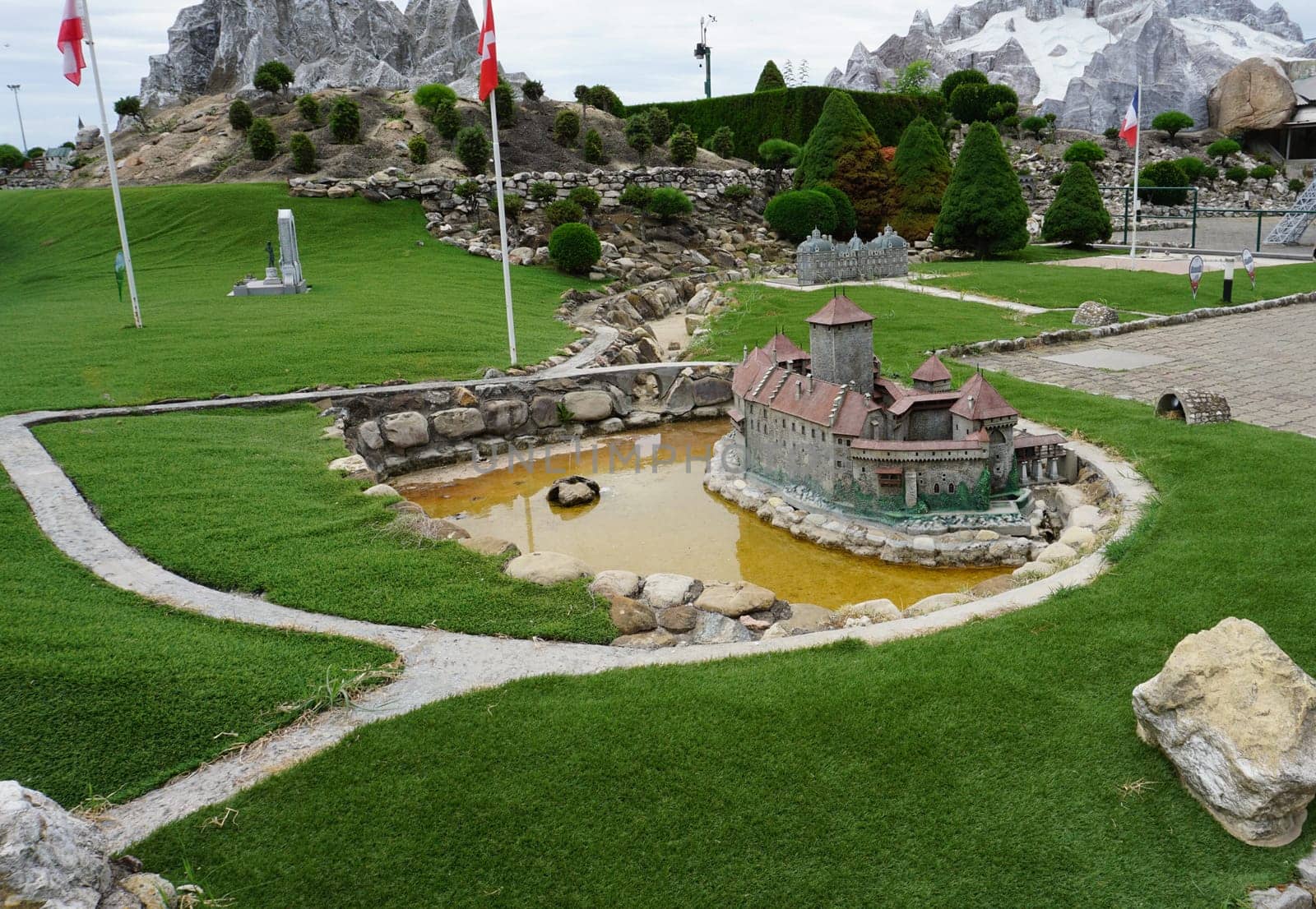 Viserba, Italy - June 25, 2024: The Chillon Castle at Theme park Italy in Miniature or Italia in Miniatura in Rimini, Italy - Reproduction of famous attractions in a small scale
