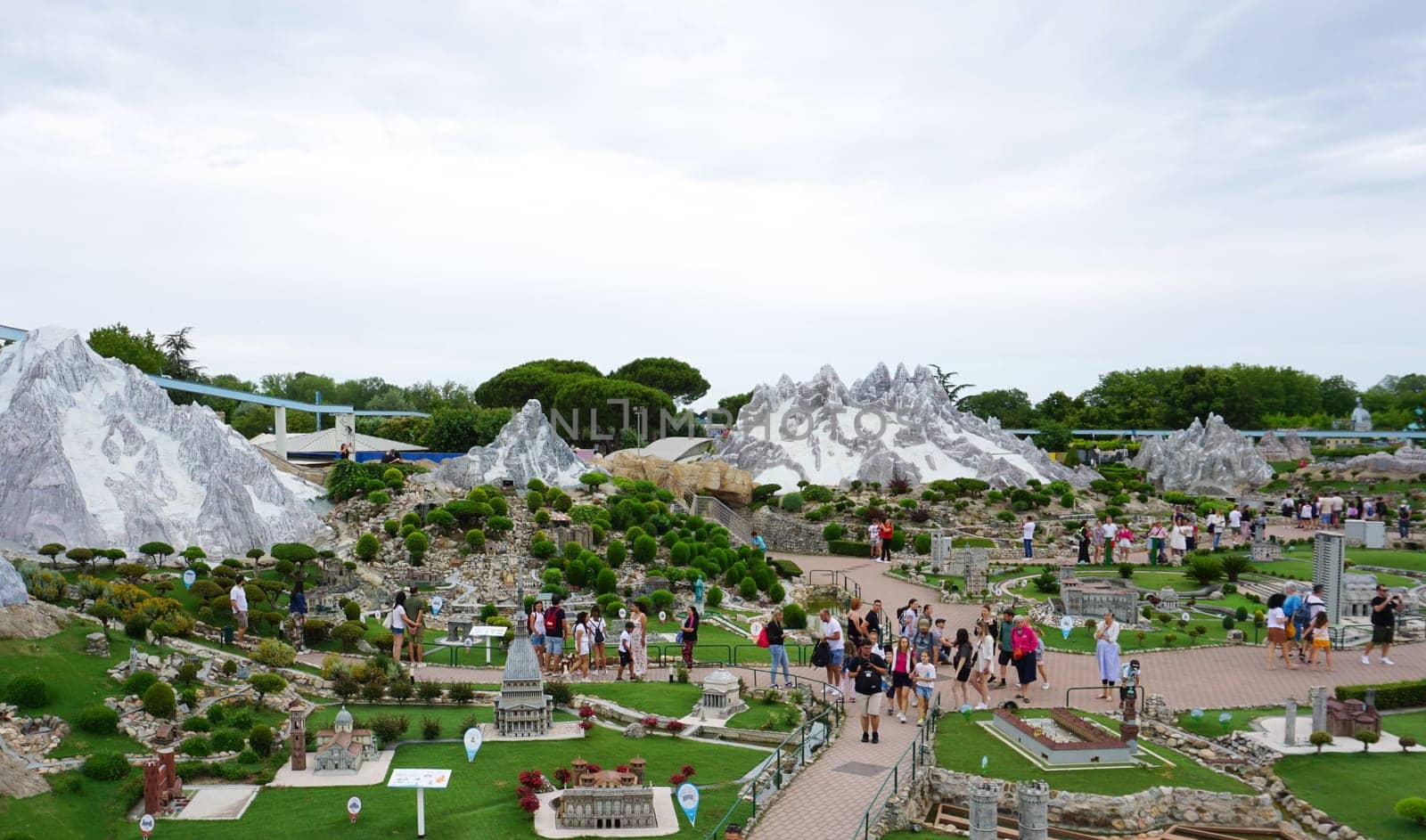 Viserba, Italy - June 25, 2024: People going at Theme park Italy in Miniature or Italia in Miniatura in Rimini, Italy - Reproduction of famous attractions in a small scale