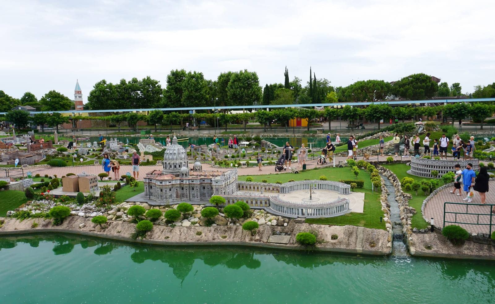 Viserba, Italy - June 25, 2024: People going at Theme park Italy in Miniature or Italia in Miniatura in Rimini, Italy - Reproduction of famous attractions in a small scale - Rome