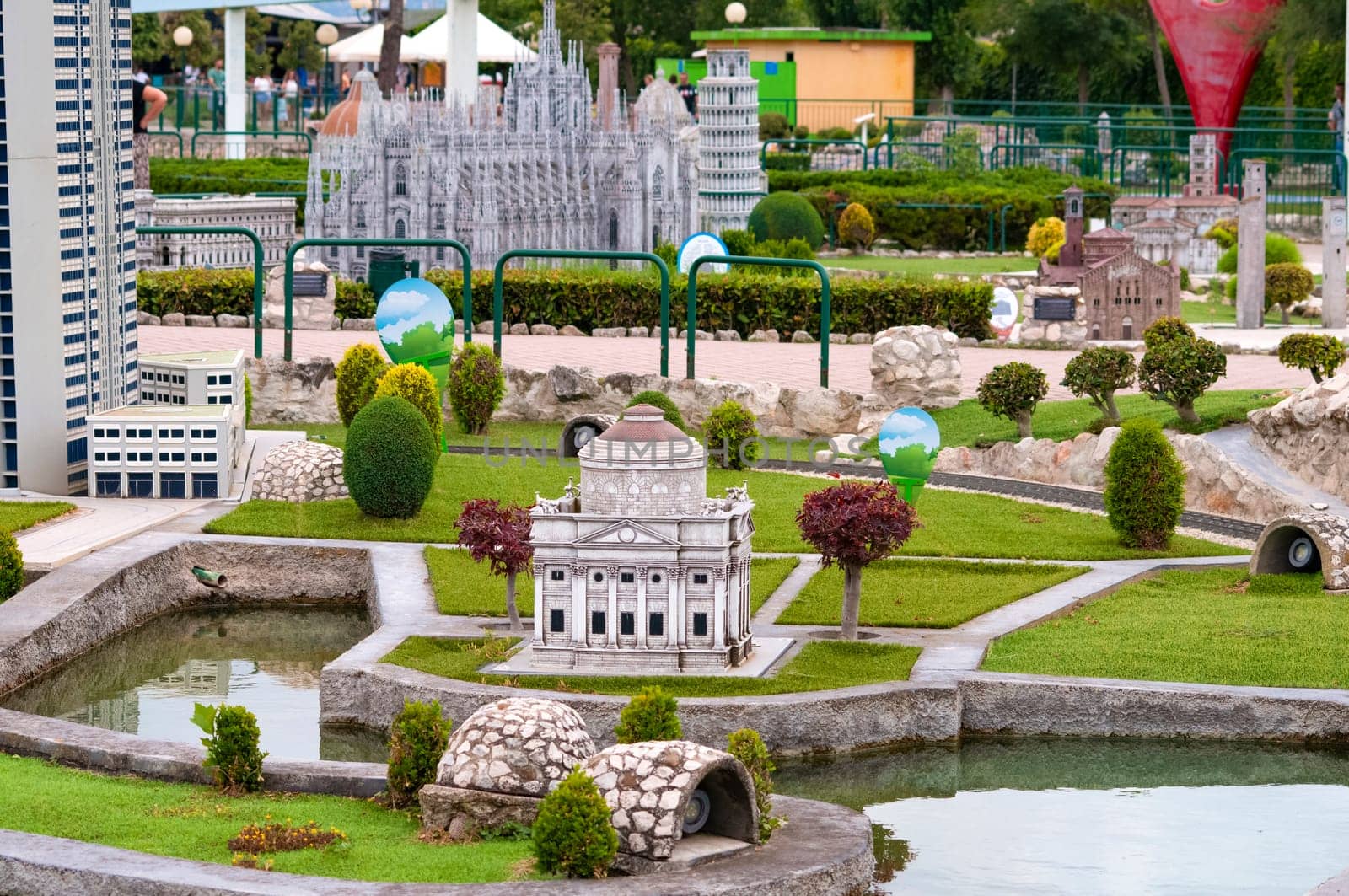 Viserba, Italy - June 25, 2024: Milan at Theme park Italy in Miniature or Italia in Miniatura in Rimini, Italy - Reproduction of famous attractions in a small scale