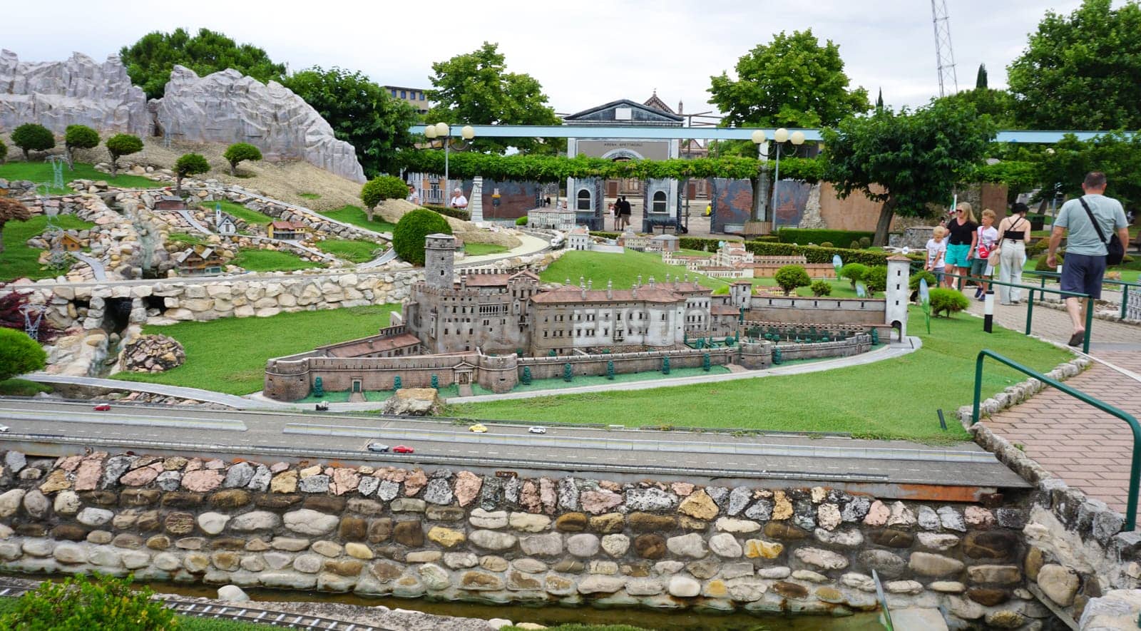 Viserba, Italy - June 25, 2024: People going at Theme park Italy in Miniature or Italia in Miniatura in Rimini, Italy - Reproduction of famous attractions in a small scale