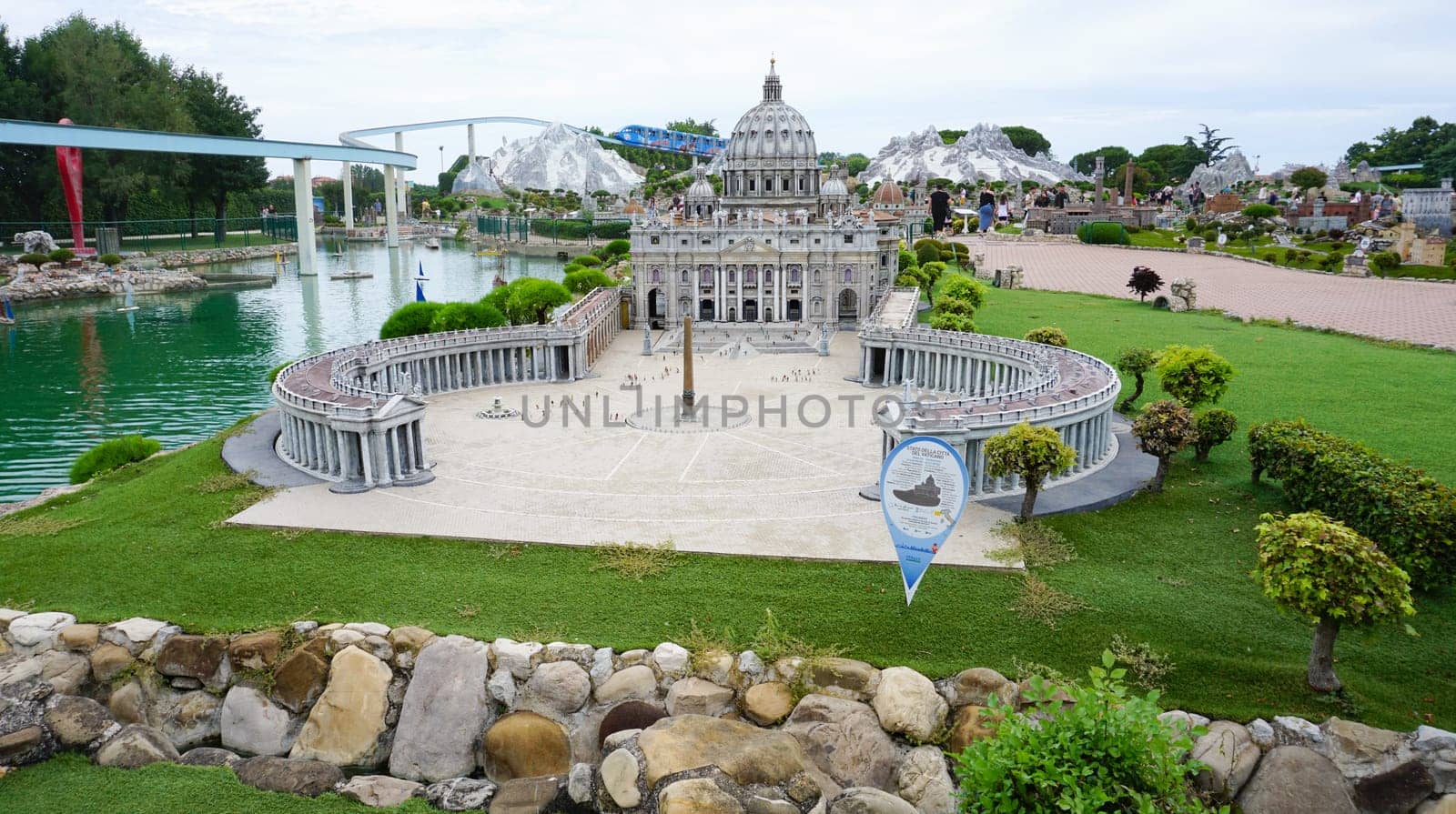Viserba, Italy - June 25, 2024: St. Peters Basilica in the Vatican at Theme park Italy in Miniature or Italia in Miniatura in Rimini, Italy - Reproduction of famous attractions in a small scale