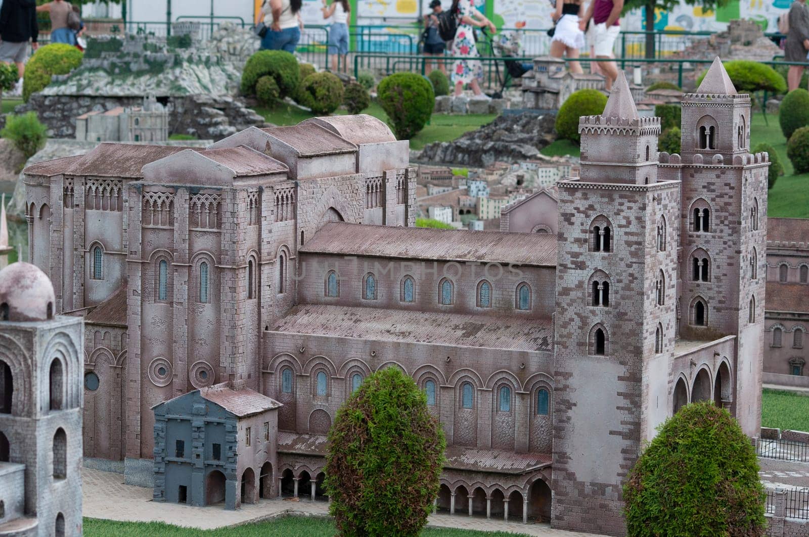 Viserba, Italy - June 25, 2024: Duomo di Monreale or Santa Maria Nuova at Theme park Italy in Miniature or Italia in Miniatura in Rimini, Italy - Reproduction of famous attractions in a small scale