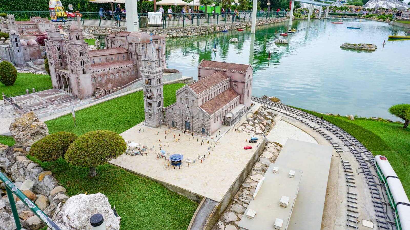 Viserba, Italy - June 25, 2024: Duomo di Monreale or Santa Maria Nuova at Theme park Italy in Miniature or Italia in Miniatura in Rimini, Italy - Reproduction of famous attractions in a small scale