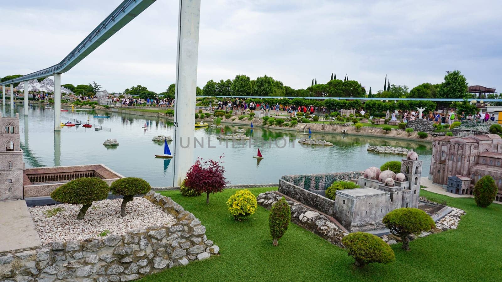 Viserba, Italy - June 25, 2024: Duomo di Monreale or Santa Maria Nuova at Theme park Italy in Miniature or Italia in Miniatura in Rimini, Italy - Reproduction of famous attractions in a small scale