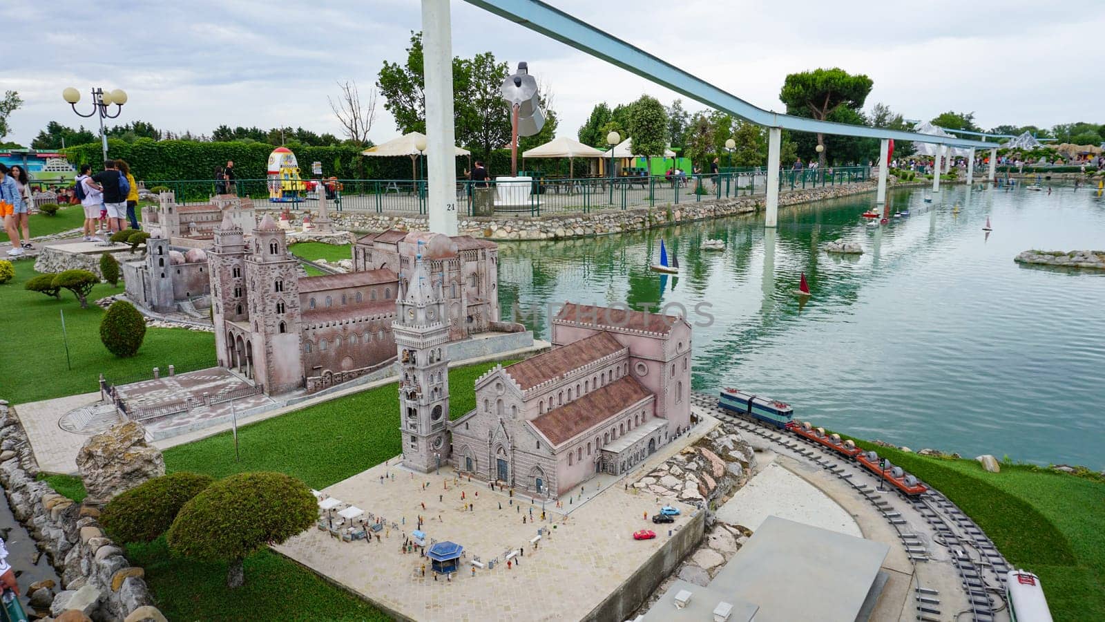 Viserba, Italy - June 25, 2024: Duomo di Monreale or Santa Maria Nuova at Theme park Italy in Miniature or Italia in Miniatura in Rimini, Italy - Reproduction of famous attractions in a small scale
