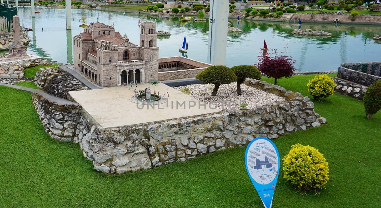 Viserba, Italy - June 25, 2024: Duomo di Monreale or Santa Maria Nuova at Theme park Italy in Miniature or Italia in Miniatura in Rimini, Italy - Reproduction of famous attractions in a small scale