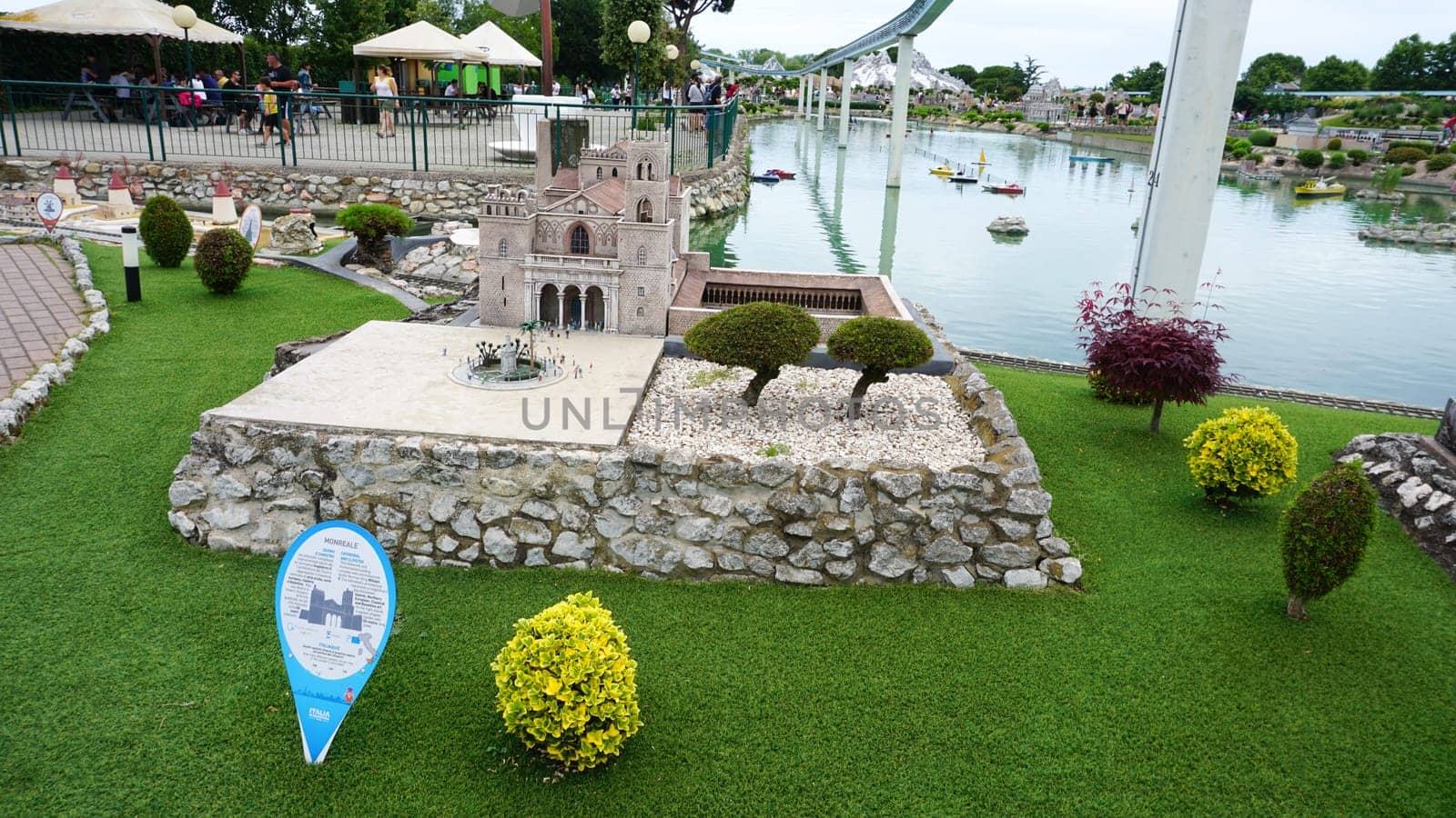 Viserba, Italy - June 25, 2024: Duomo di Monreale or Santa Maria Nuova at Theme park Italy in Miniature or Italia in Miniatura in Rimini, Italy - Reproduction of famous attractions in a small scale