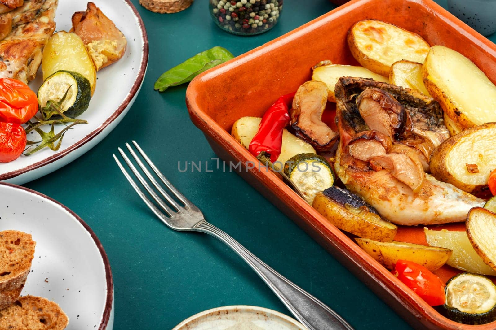 Spicy chicken meat baked with potatoes and apples. Homemade chicken legs baked in a baking dish