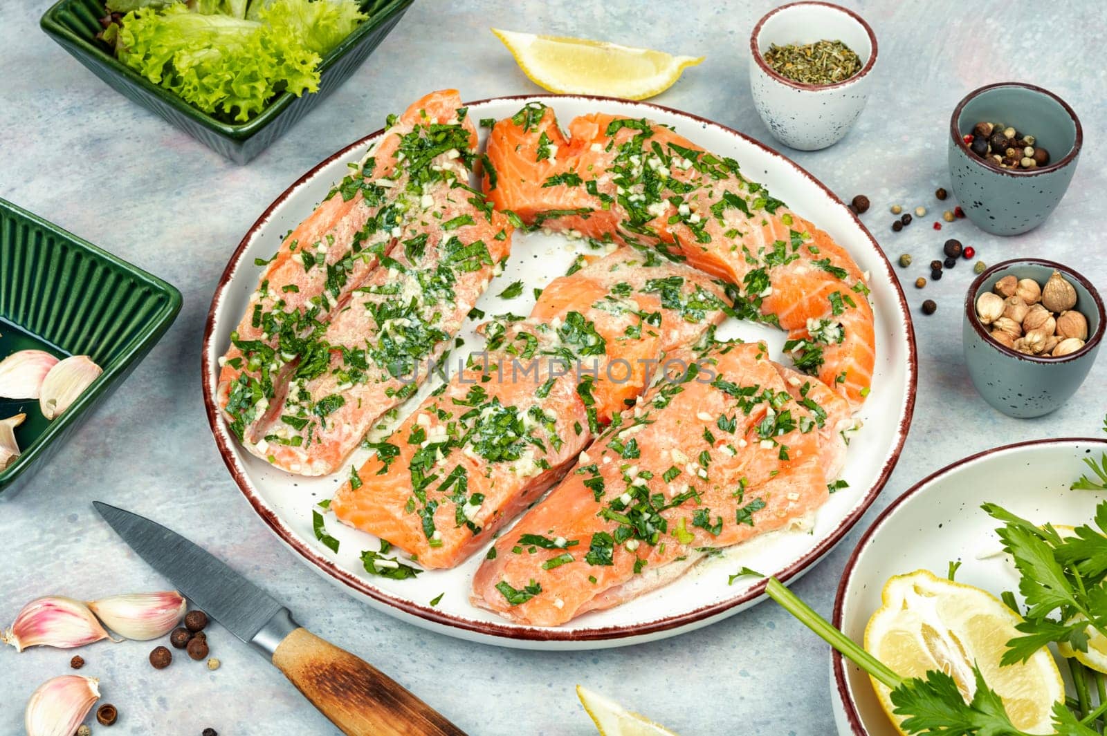Fresh raw salmon fillet fish in garlic green marinade ready for baking.