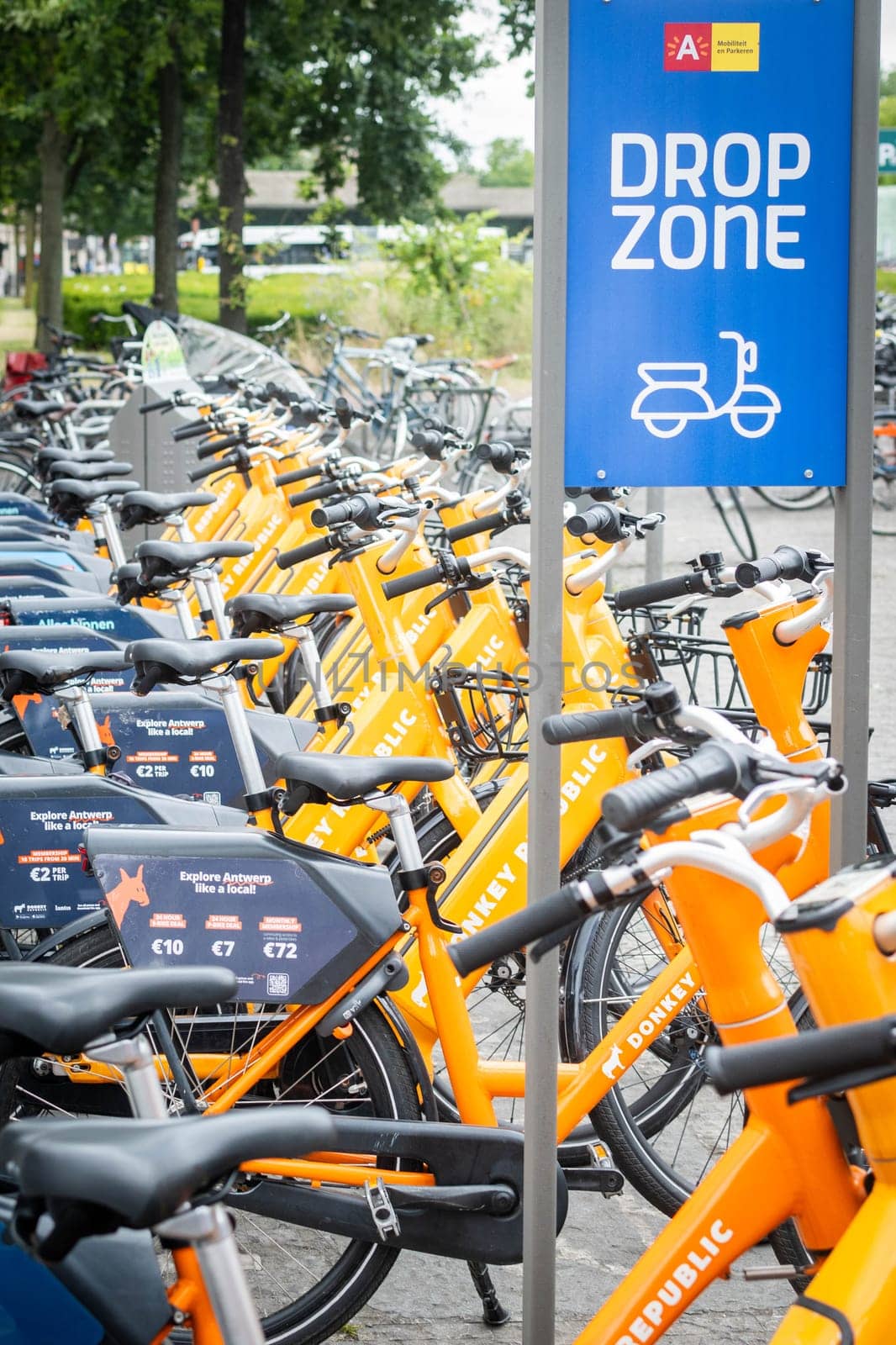Antwerp, Belgium, July 21st 2024, Illustrative Editorial: View on Donkey Republic shared city bikes drop zone in Antwerp, Belgium