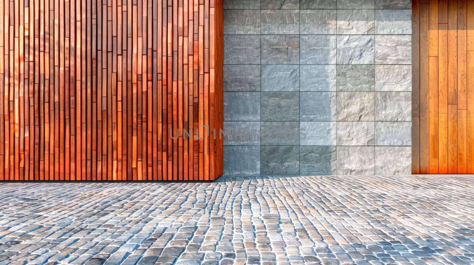 Exterior of modern house with decorative wooden panels on wall and cobblestone path. AI generated