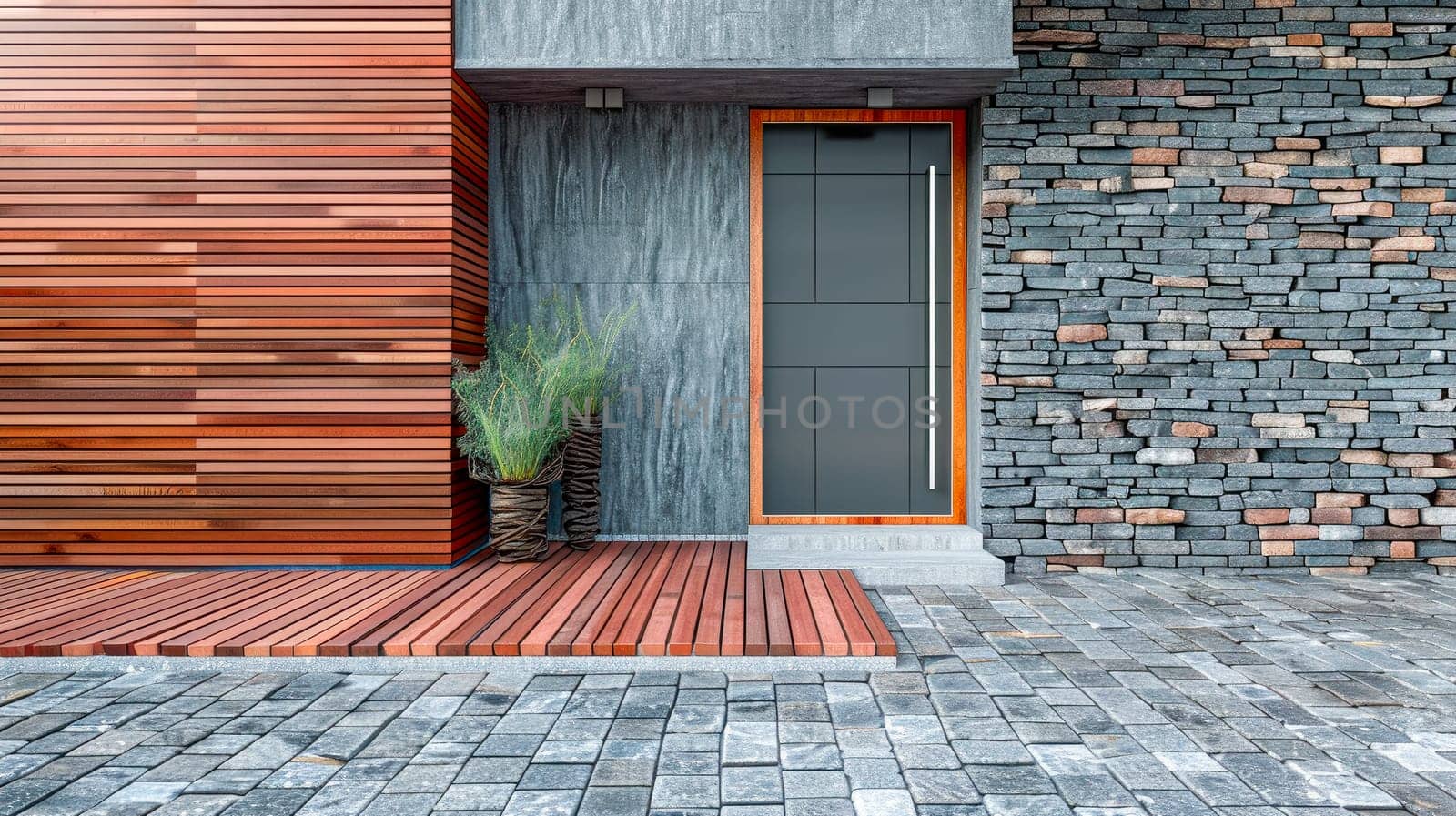 Exterior of modern house with doors, decorative wooden panels on wall and cobblestone path. AI generated
