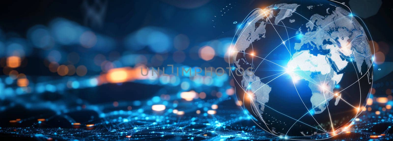 Digital world map showing continents and countries with illuminated lines representing data connections