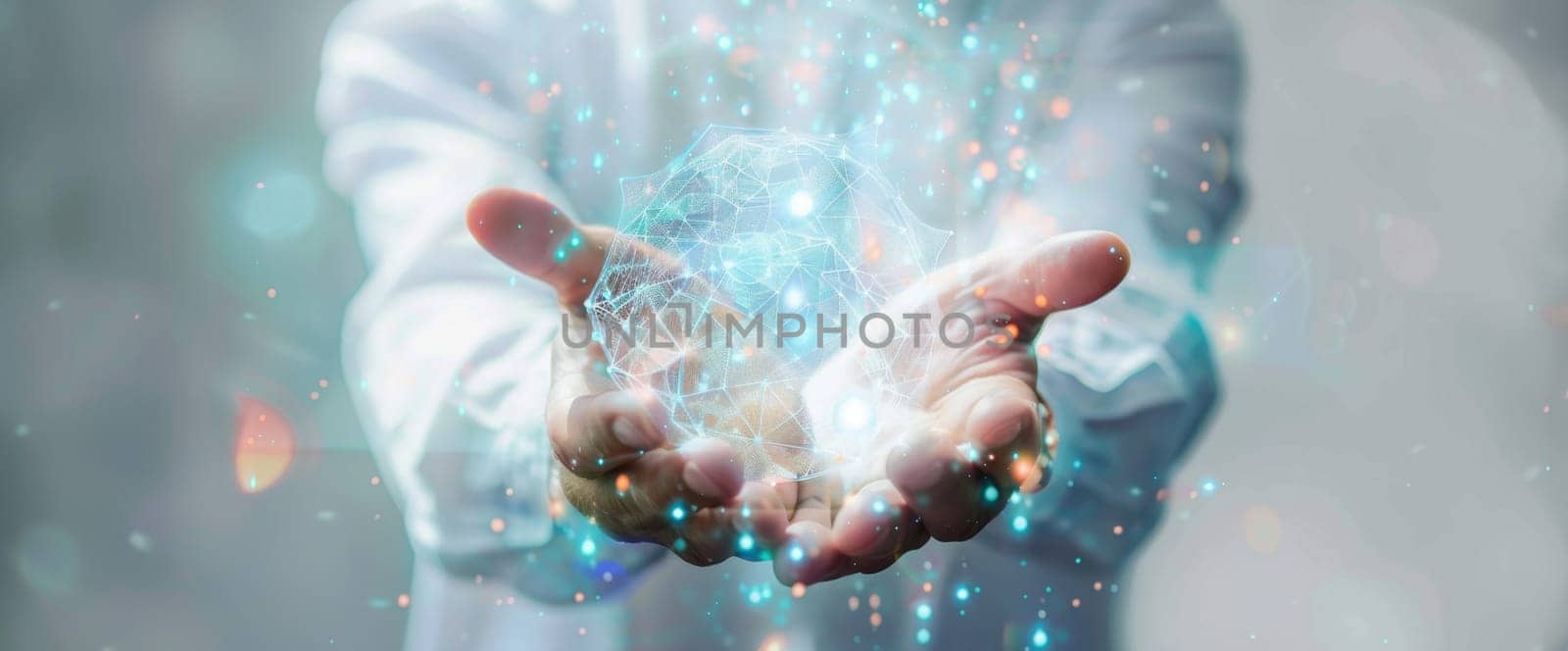 Businessman presenting a global network connection with a futuristic glowing globe hologram