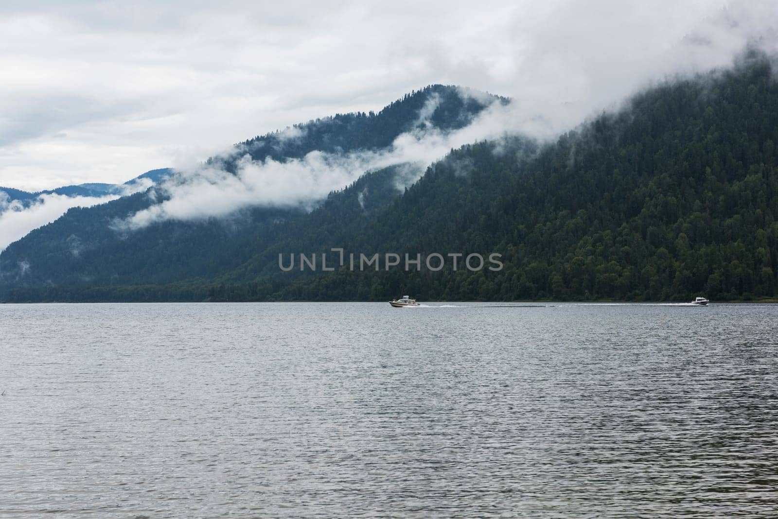 Teletskoye lake in Altai mountains, Siberia, Russia. Foggy summer morning.