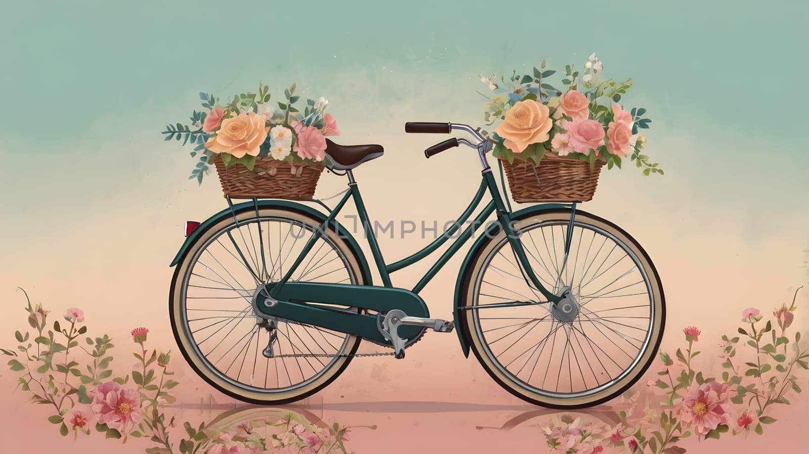 A vintage green bicycle with wicker baskets filled with pink and orange roses stands in a pink floral field, the sky behind is a soft blue with a subtle pink gradient.