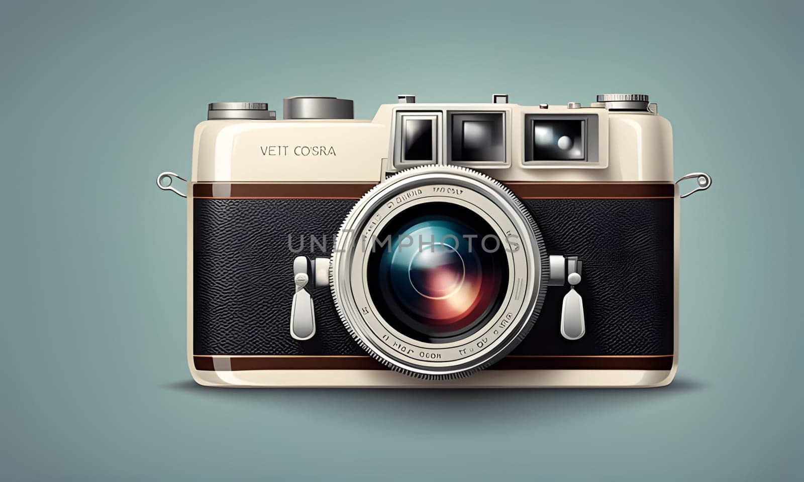 A vintage camera with a brown leather body and silver lens is shown against a light blue background. The camera has a silver strap and a small silver lens cap.