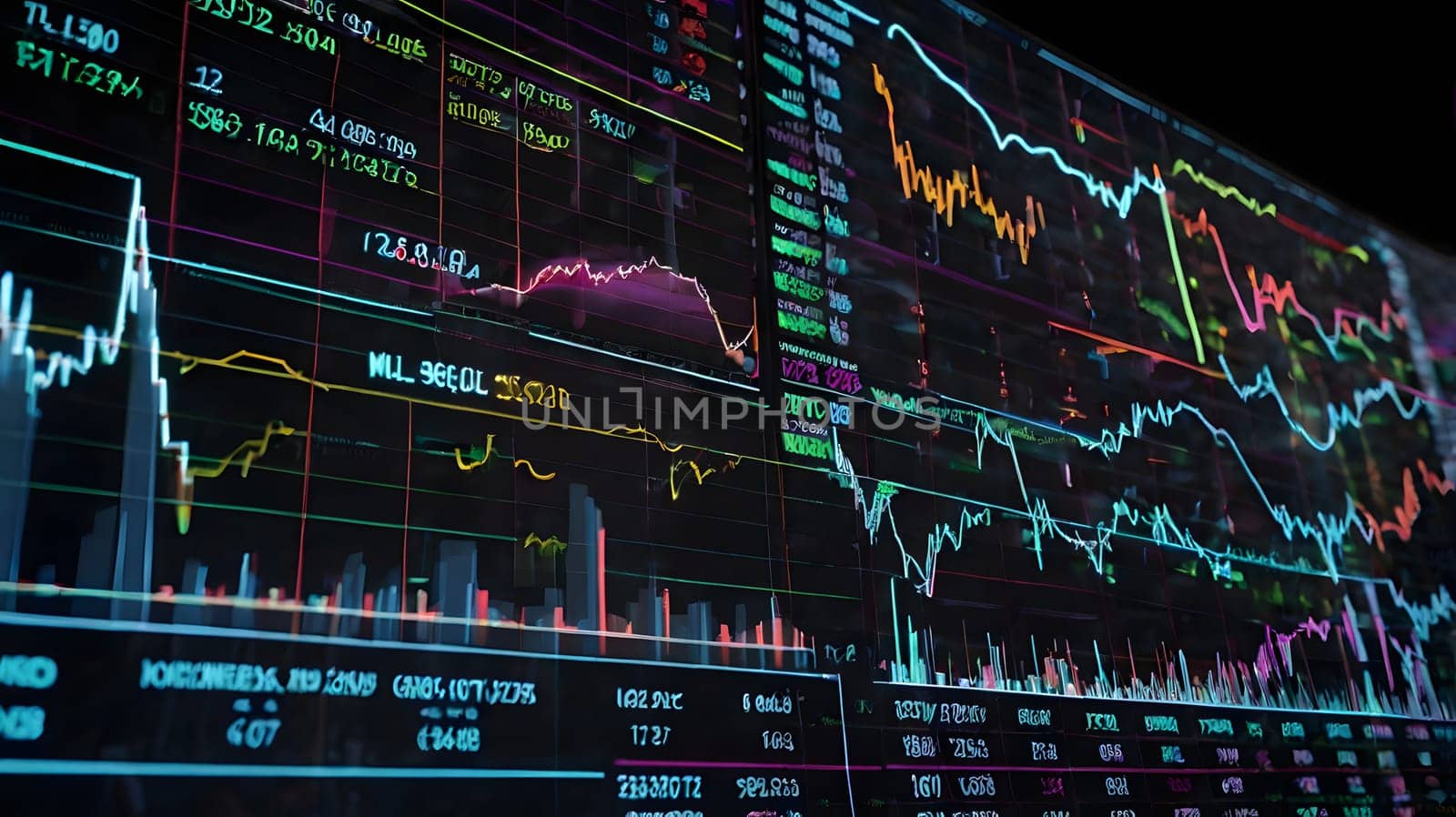 A large computer monitor displays a variety of colorful data graphs and charts. The information includes stock prices, volume, and other market indicators.