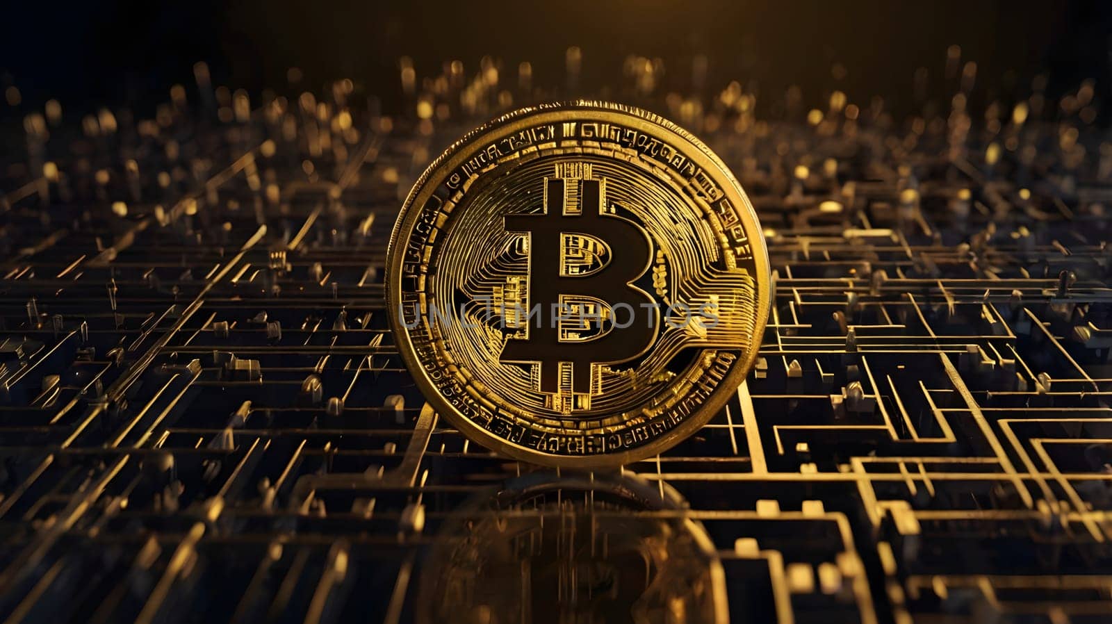 A golden Bitcoin coin rests on a detailed, intricate circuit board, representing the digital and technological nature of cryptocurrency. The coin is illuminated by a soft light, highlighting its intricate design and the complexity of the underlying technology.