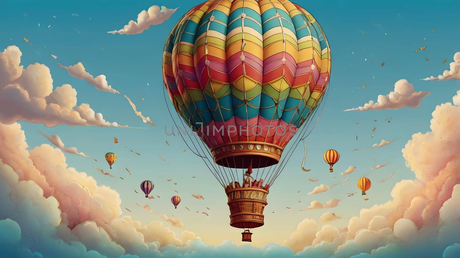 A vibrant hot air balloon ascends above fluffy white clouds in a bright blue sky. Smaller hot air balloons are scattered across the horizon, creating a picturesque scene.