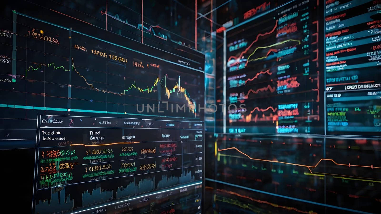A close-up shot of several digital screens displaying stock market data, including line graphs, numbers, and other financial indicators. The screens are lit up in various colors, creating a dynamic and colorful image.