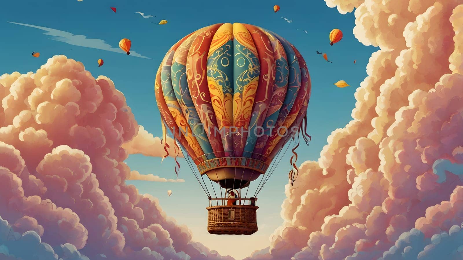 A vibrant hot air balloon with intricate patterns floats effortlessly through a bright blue sky filled with fluffy, pastel-colored clouds. The balloon is attached to a wicker basket with a single person visible inside. Smaller hot air balloons are seen in the distance, adding to the whimsical atmosphere.