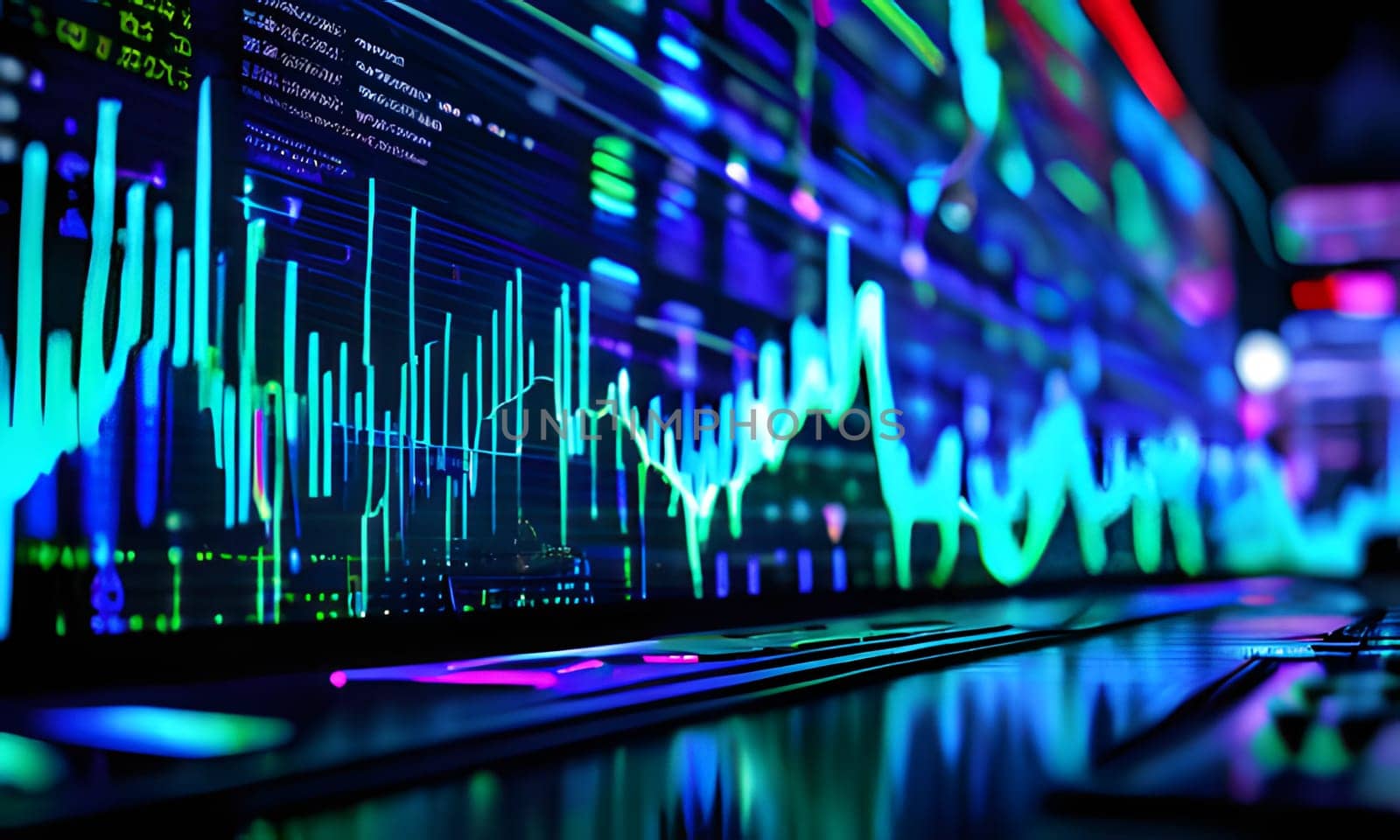 A close-up image of a computer screen displaying stock market data with a blue and green color scheme. The data is shown as line graphs and bar charts. The image is taken from a low angle, showing the screen's reflection on the table below.
